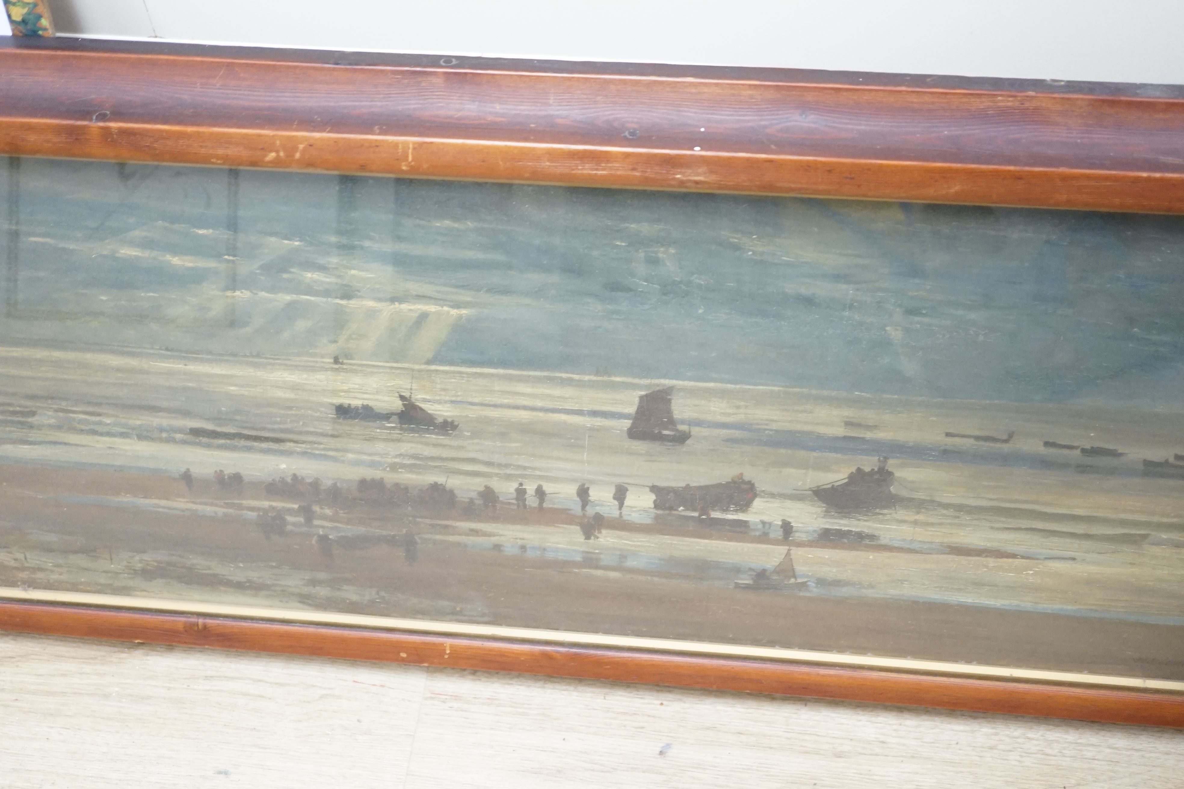 Manner of William Lionel Wyllie (1851-1931), oil on canvas, Panoramic coastal view with fishing boats, bears signature, 31 x 86cm. Condition - poor to fair